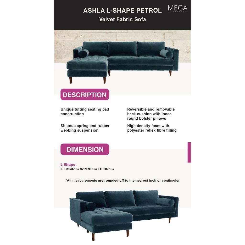 Ashla L-Shape Petrol Velvet Fabric Sofa, Furniture & Home Living ...