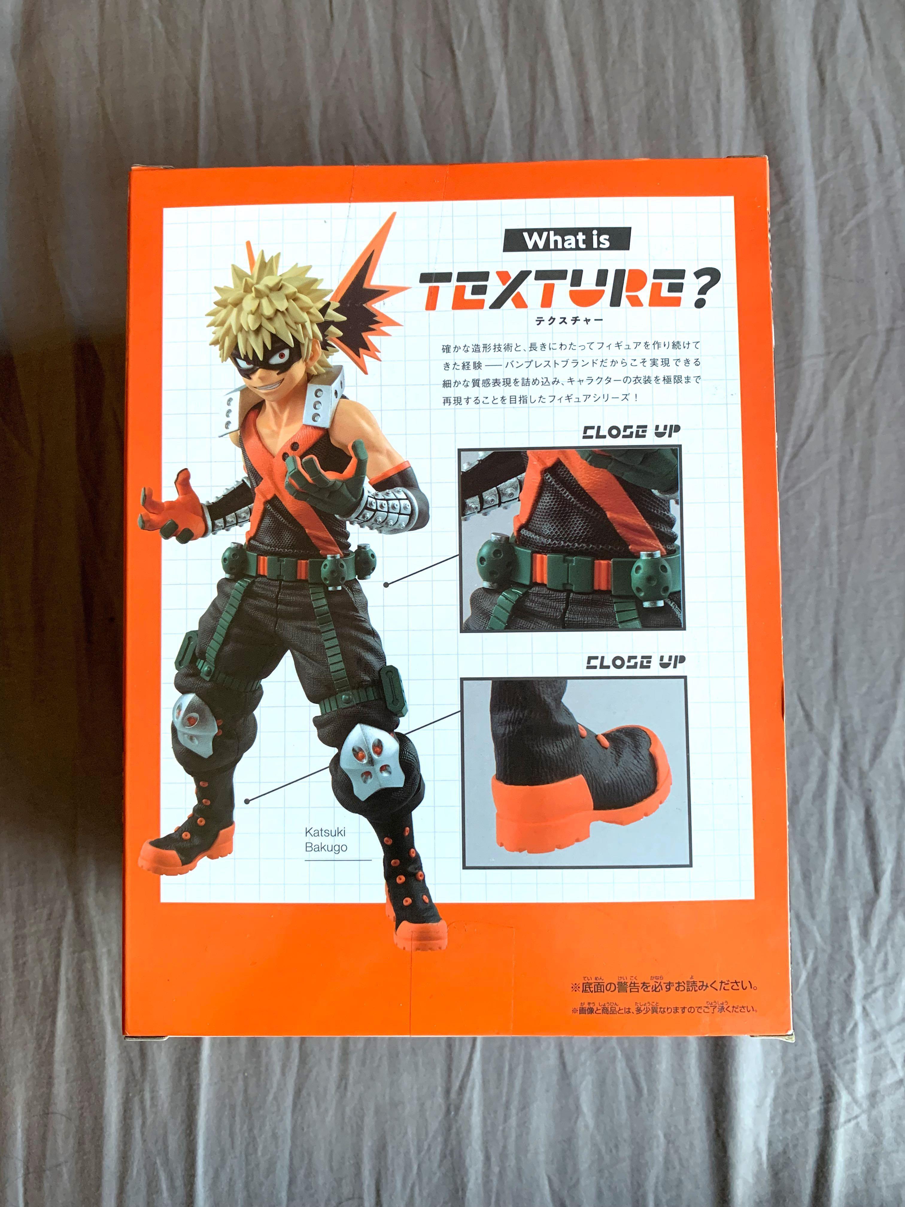 BAKUGOU KATSUKI - Banpresto My Hero Academia TEXTURE FIGURE (Category: Figurines & Statues) located in Manila. Submitted by eowyn_yng (Listing ID 1178914530, Image 2). Description: Price: ₱1,300 Condition: Unopened, still sealed Location: Sampaloc Manila Payment: BPI or Gcash Meetups: Dapitan UST or Sm San Lazaro.