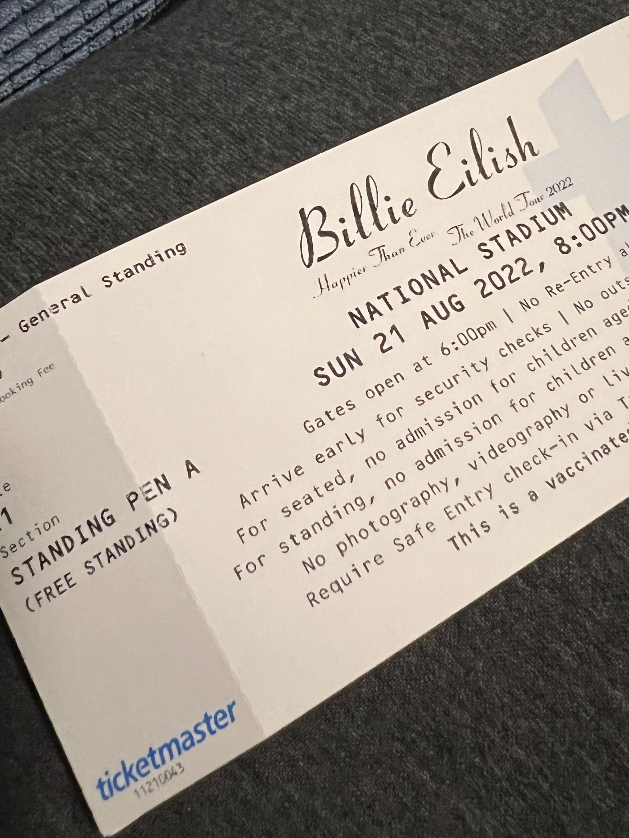 Billie Eilish world tour Singapore Standing PEN A , Tickets