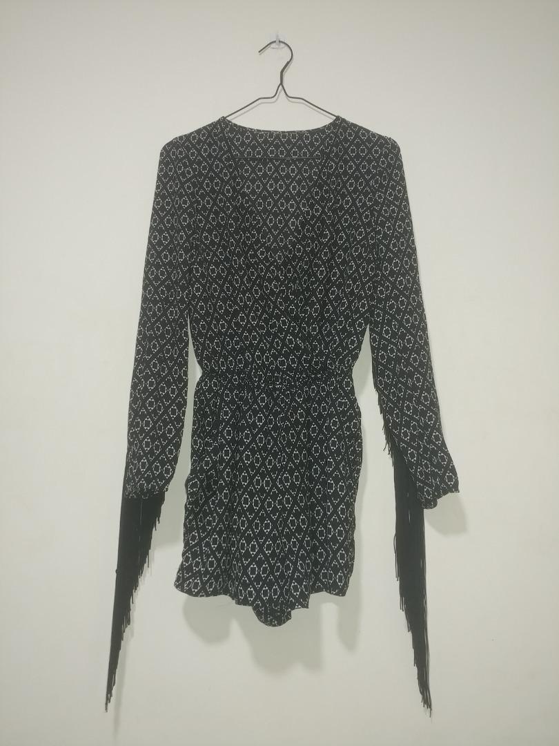 Black Romper (Category: Rompers) located in Mandaluyong City. Submitted by declutter_kween (Listing ID 1178906707, Image 1). Description: Unique pleated and drape design, eye-catching pattern, waist tie, empire waist, v neck,, flared long sleeve, elegant and chic dressy rompers for women. Suitable for party, club and other social activities also good to wear as lounge romper..