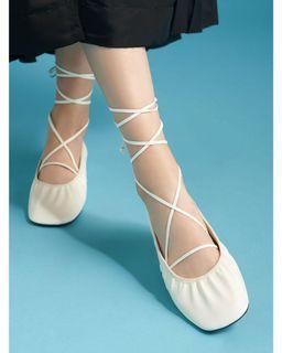 Charles & Keith Tie-Around Ruched Ballerinas in Chalk