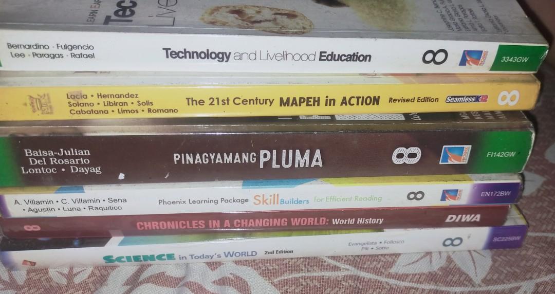 GRADE 8 BOOKS (Category: Textbooks) located in Manila. Submitted by rctjhoana (Listing ID 1178985775, Image 1). Description: GRADE 8 BOOKS: MAPEH IN ACTION- 350 PINAGYAMANG PLUMA- 300 Skill Builders for Efficient Reading- 350 Chronicle in a Changing World ( World History) - 350 Science In Today's World- 350 Used but not abused✨ Used as reference only✨ No Handwritings✨ Good condition✨ Chat me for photos..
