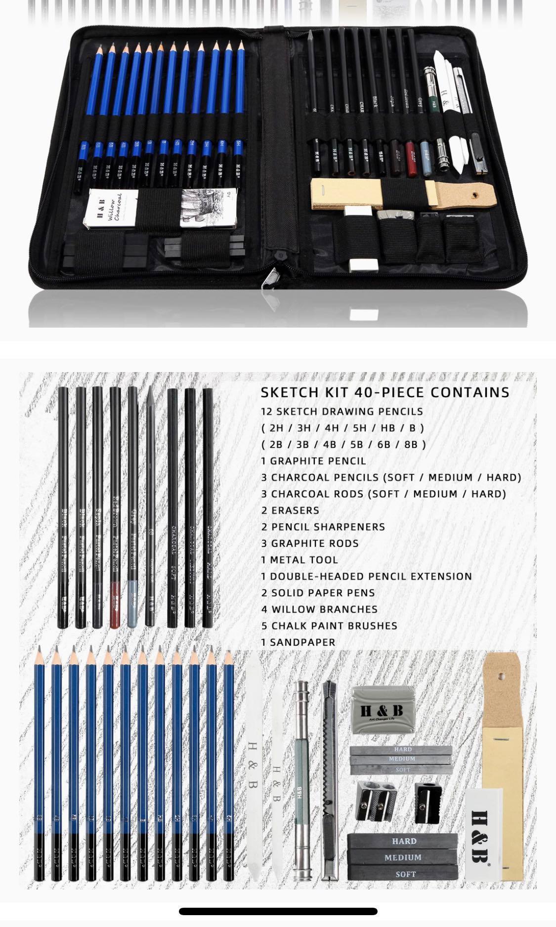 H & B Drawing Pencils Set, 40Piece, Hobbies & Toys, Stationery & Craft