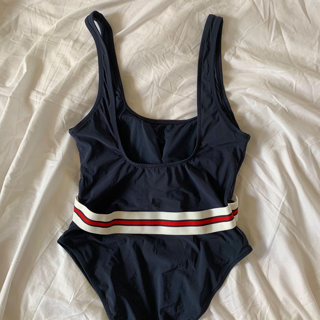 H&M One Piece Swimsuit (Navy Blue) (Category: Bikinis & Swimsuits) located in Las Pinas. Submitted by 2011mgt (Listing ID 1178886306, Image 2). Description: size 38 (see tag! fits M-L frames) 10/10 condition good as new ✨ used once only! removable pads, high bikini cut low back originally bought for 1,400 php.