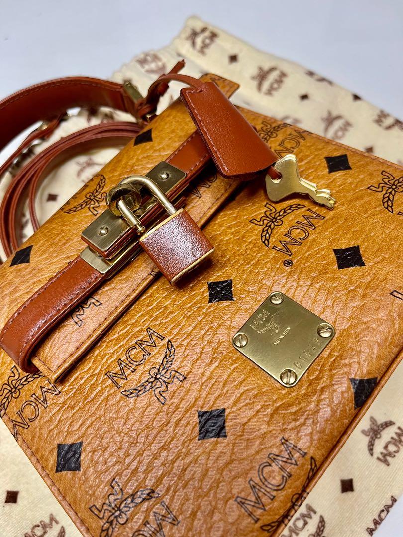 MCM Cognac Mini Satchel with Strap Monogram Kelly Top Handle