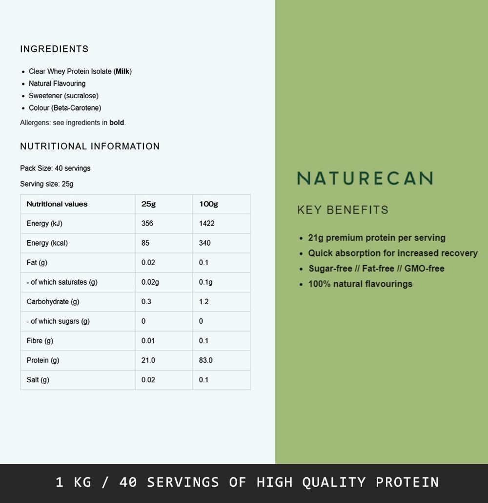 Naturecan 1KG Clear Whey Protein Isolate / 40 servings EXPIRY 12/22