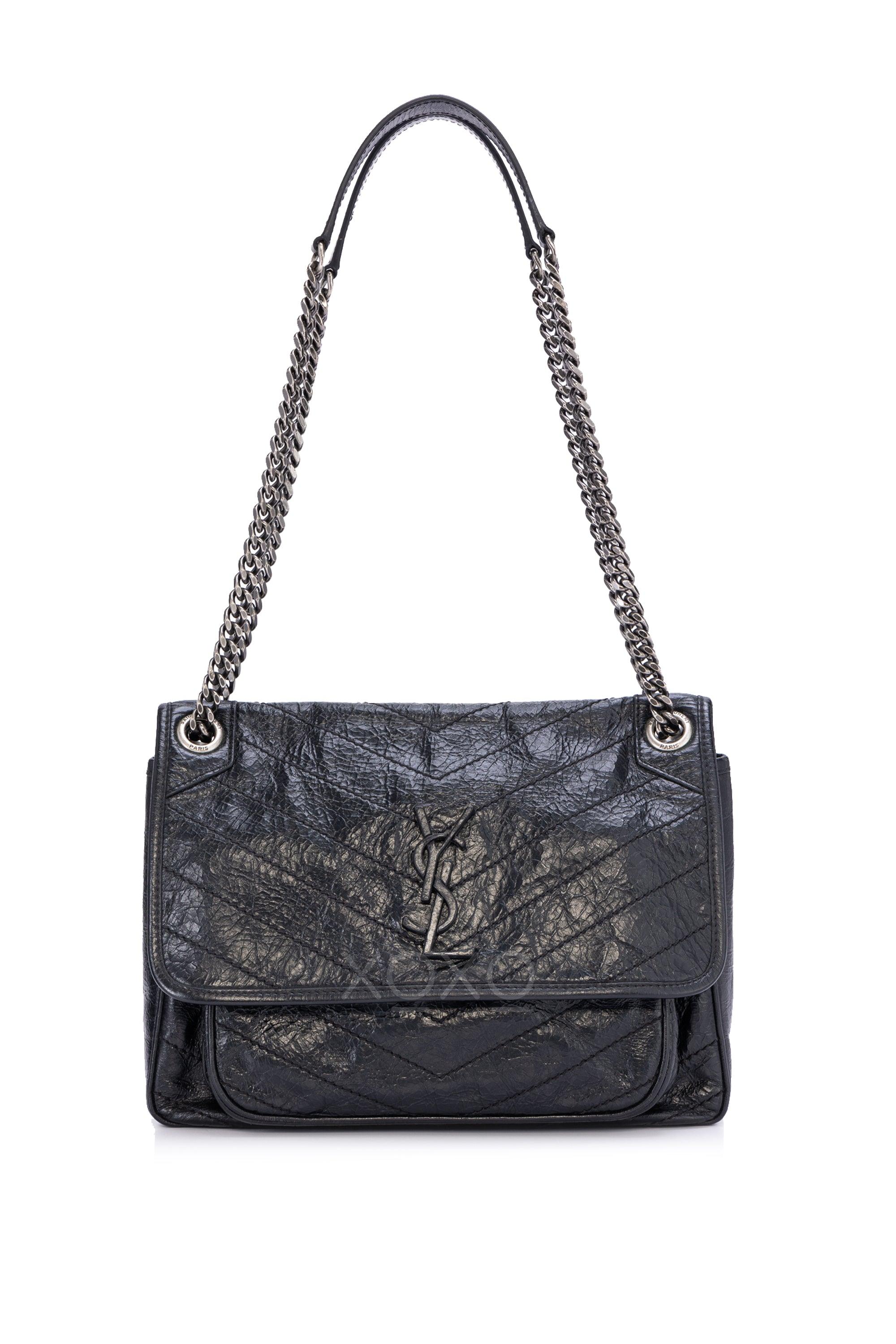 Saint Laurent - Niki Black Crackled Leather Chain Shoulder Bag