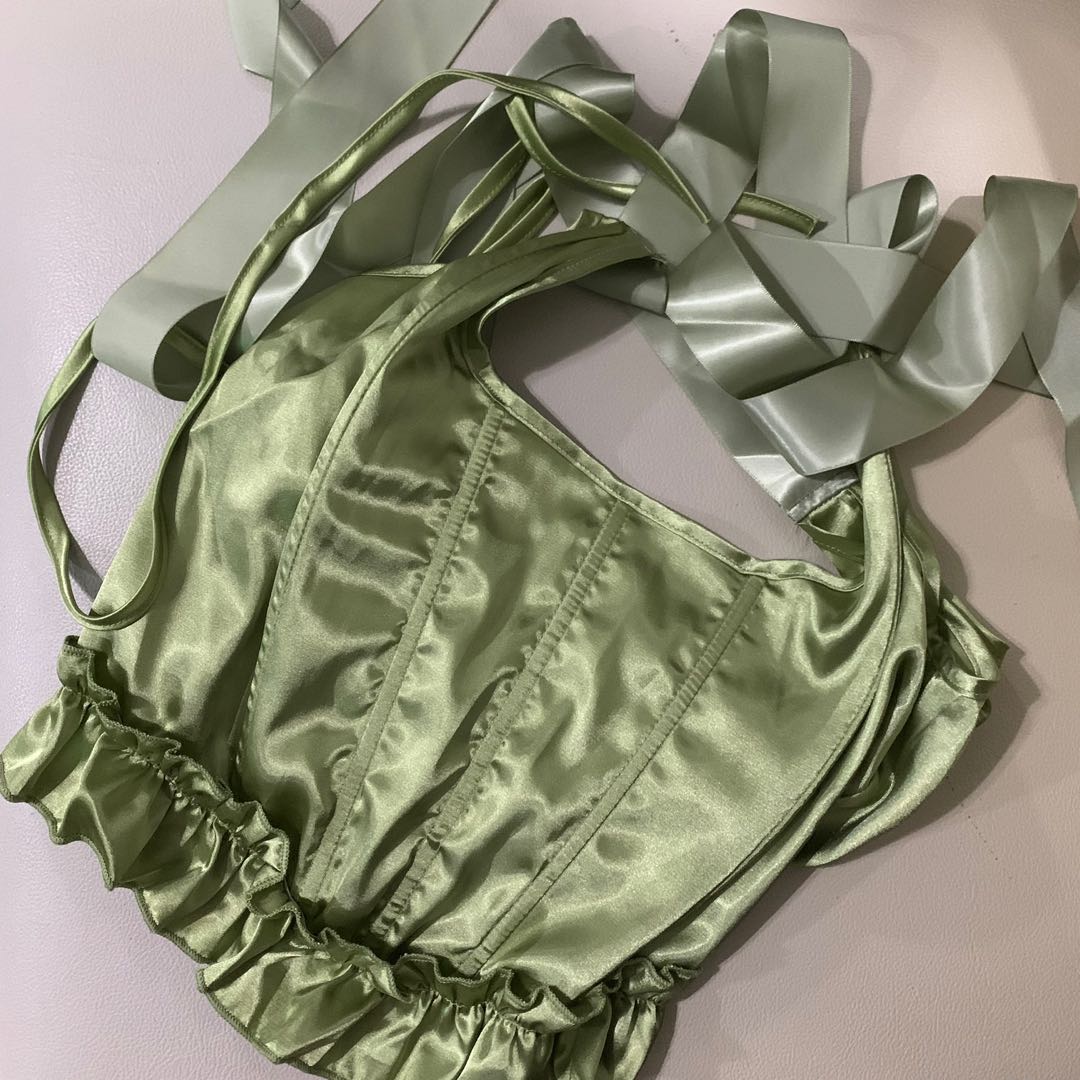 Satin sage green corset, Women's Fashion, Tops, Blouses on Carousell
