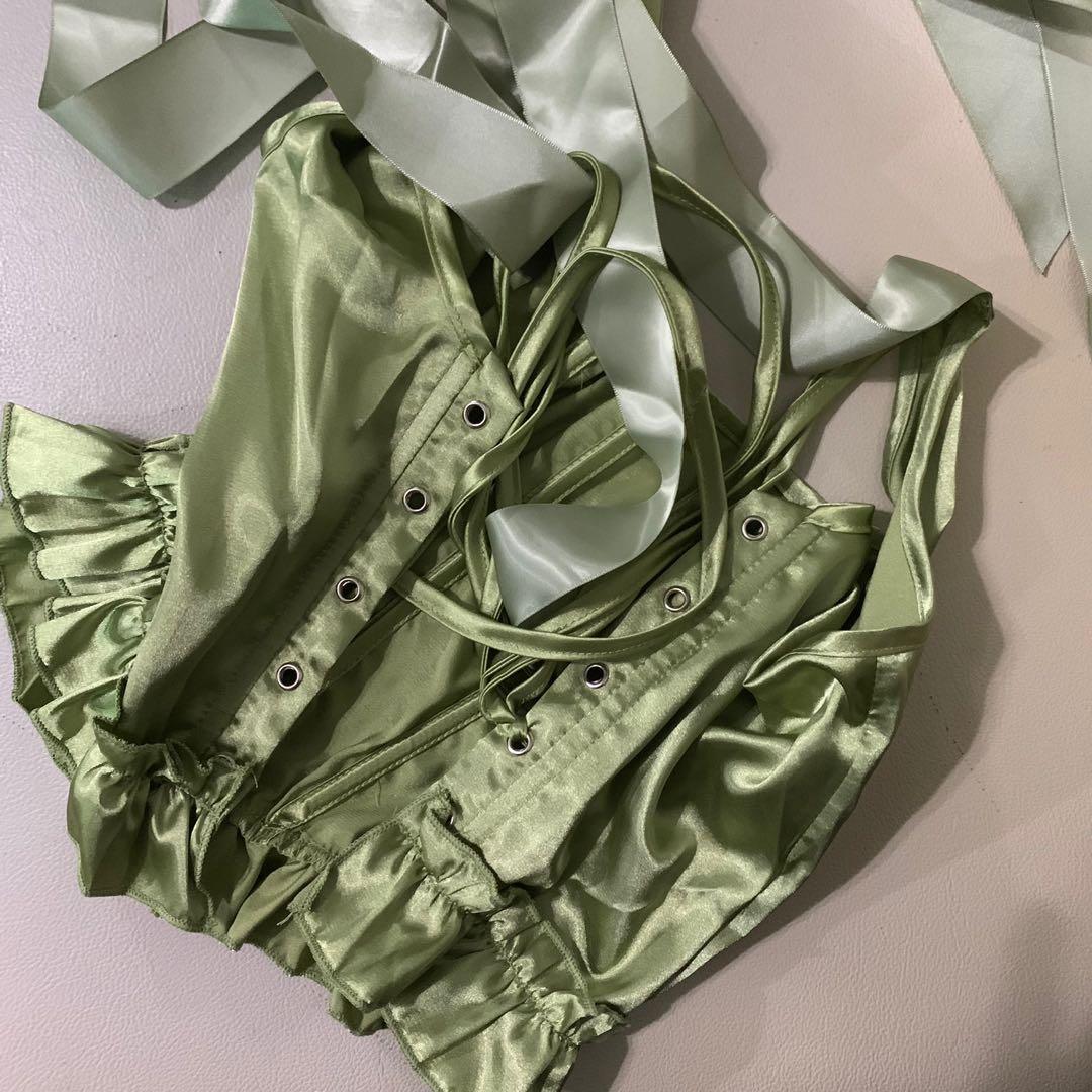 Satin sage green corset, Women's Fashion, Tops, Blouses on Carousell