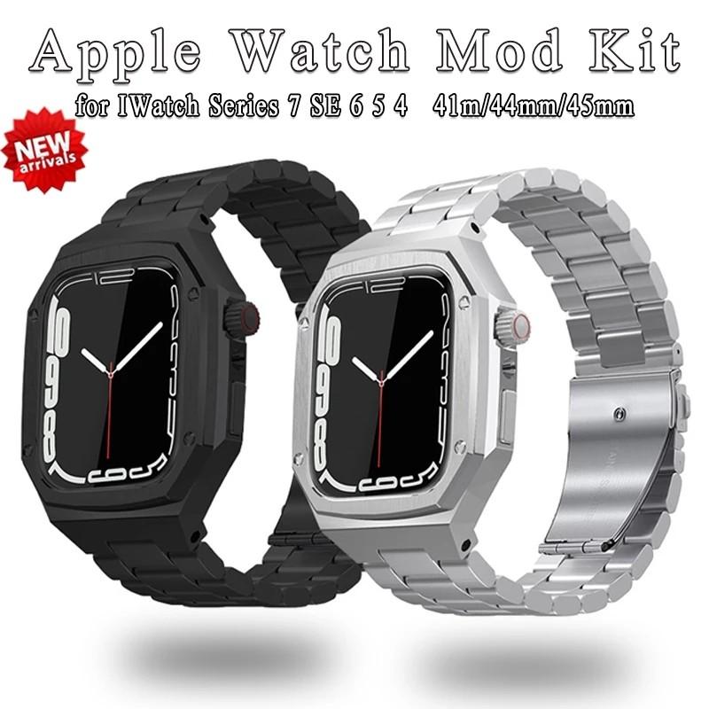 Stainless Steel Strap + Case for Apple Watch Band Mod Kit 44mm 45mm 40mm  41mm Modification Kit Metal Bezel for iWatch 7 SE 6 5 4