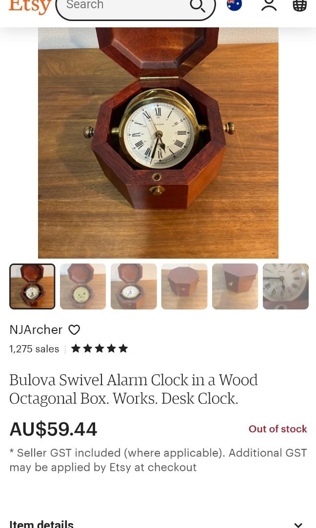 Vintage Bulova ship alarm clock in octagon wooden box, Hobbies & Toys