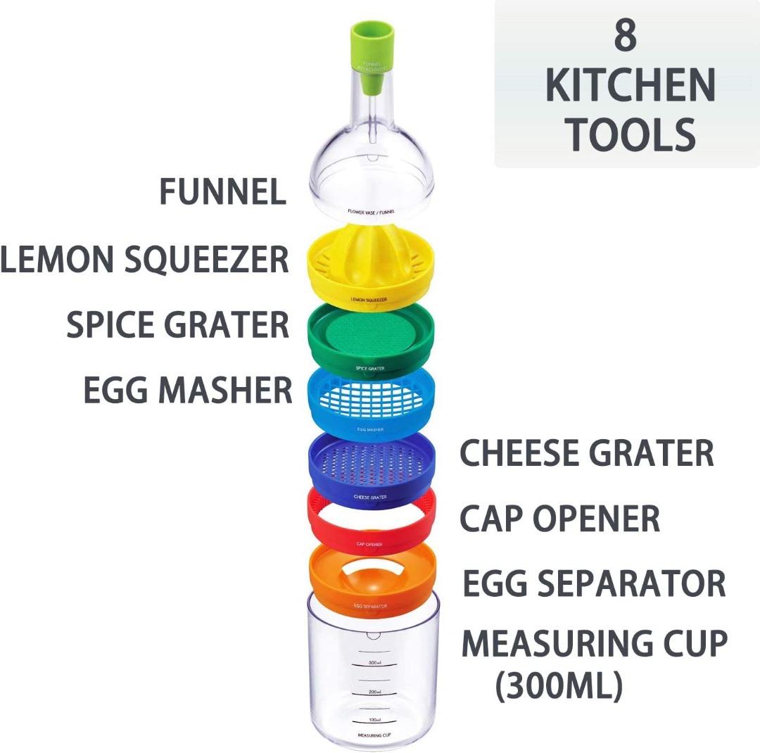  8 in 1 Kitchen Tool Set,Multi-function Vegetable &  Fruit,Multipurpose Kitchen Gadget,Chopper,Bottle Funnel,Lemon  Squeezer,Spice Grater,Egg Masher,Cheese Grater,Egg Separator,Measuring  Cup,Can Opener: Home & Kitchen