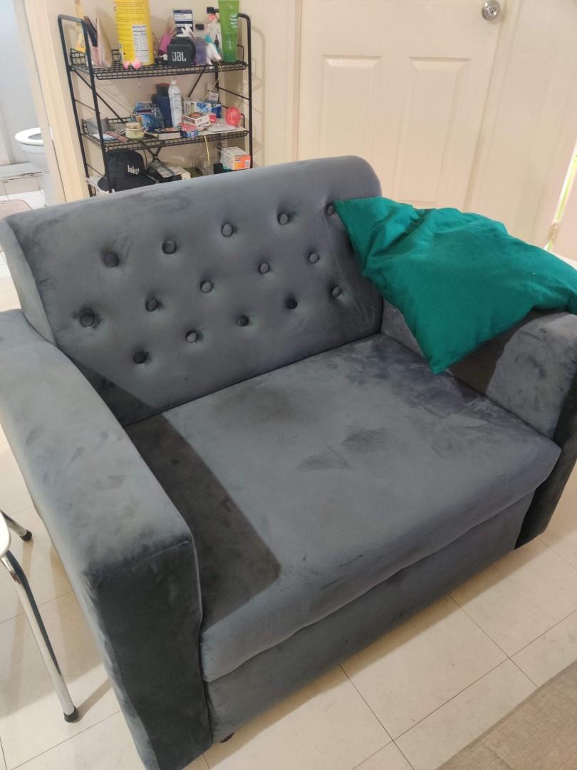 Accent Chair/Sofa Uratex Foam (Category: Sofas) located in Taguig. Submitted by rdrxscc (Listing ID 1179156304, Image 1). Description: Got this chair in 2020 used only for 2 months cos too small to accommodate others. Fits 1 comfortably but can squeeze 2 people in. More of a big accent chair than actual sofa. Velvet texture, greyish tone. Pretty nice chair, really. Uratex foam and bought somewhere in Manila. Slightly negotiable! Haven't used it s