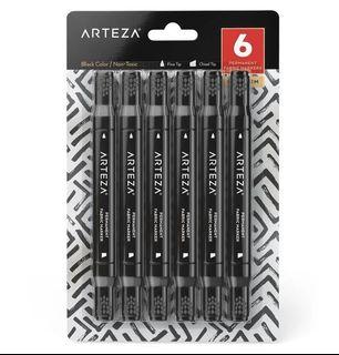 Arteza Fabric Markers, Black, Chisel & Fine Tip Dual-Tip - Pack of 6