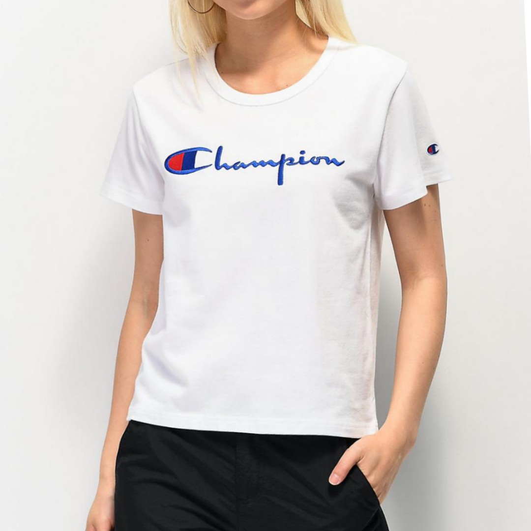 periode perzik aspect authentic Champion white shirt Embroidered logo, Women's Fashion, Tops,  Shirts on Carousell