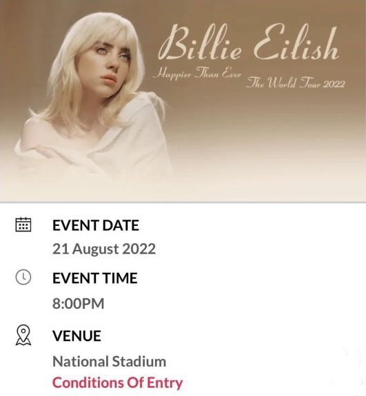 Billie Eilish tickets, Tickets & Vouchers, Event Tickets on Carousell