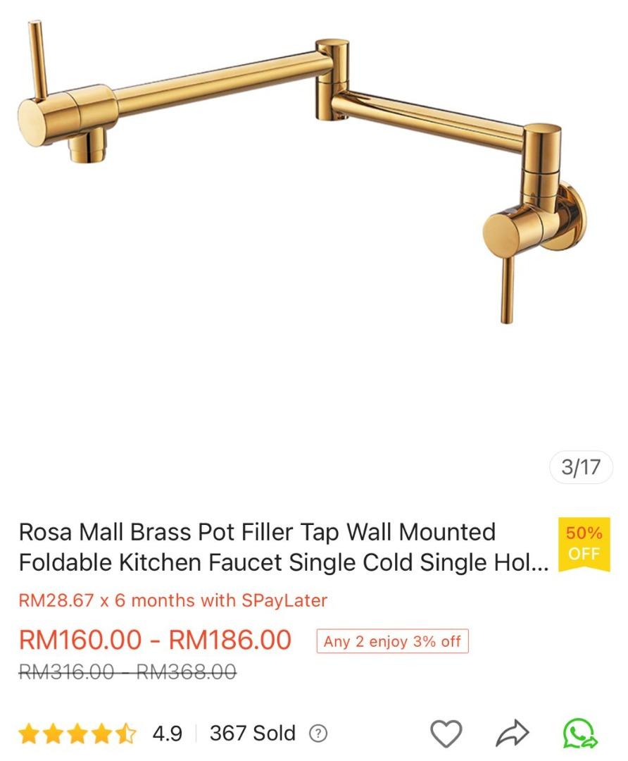 BRASS POT FILLER TAP WALL MOUNTED (GOLD), Furniture & Home Living