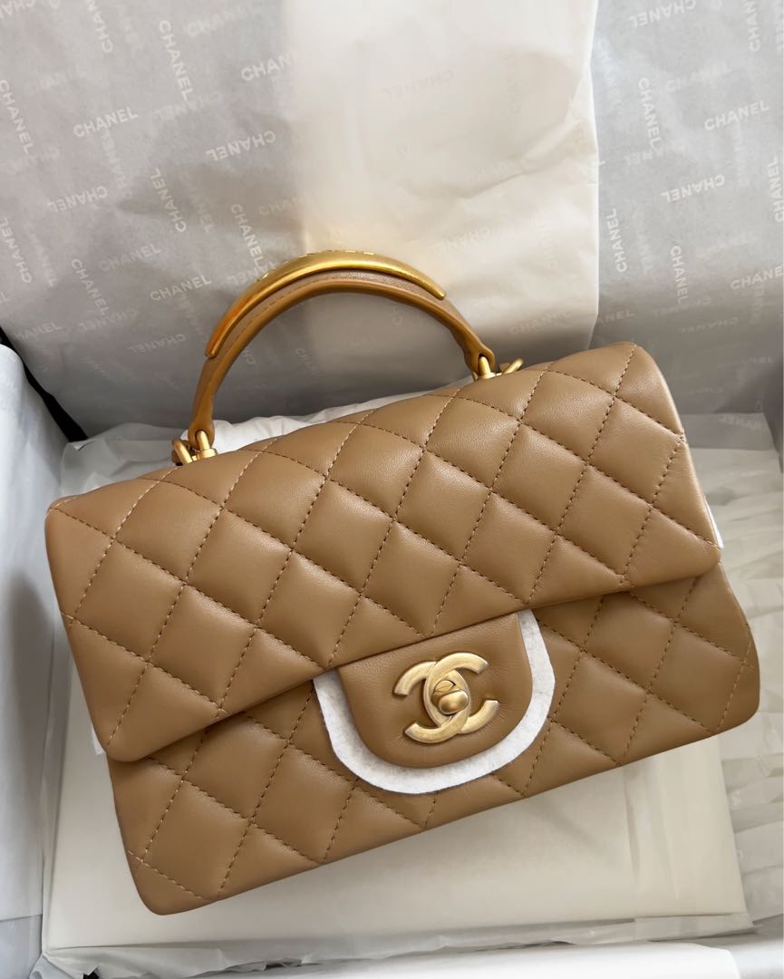 Chanel Mini Flap Handle Beige, Women's Fashion, Bags & Wallets, Purses &  Pouches on Carousell