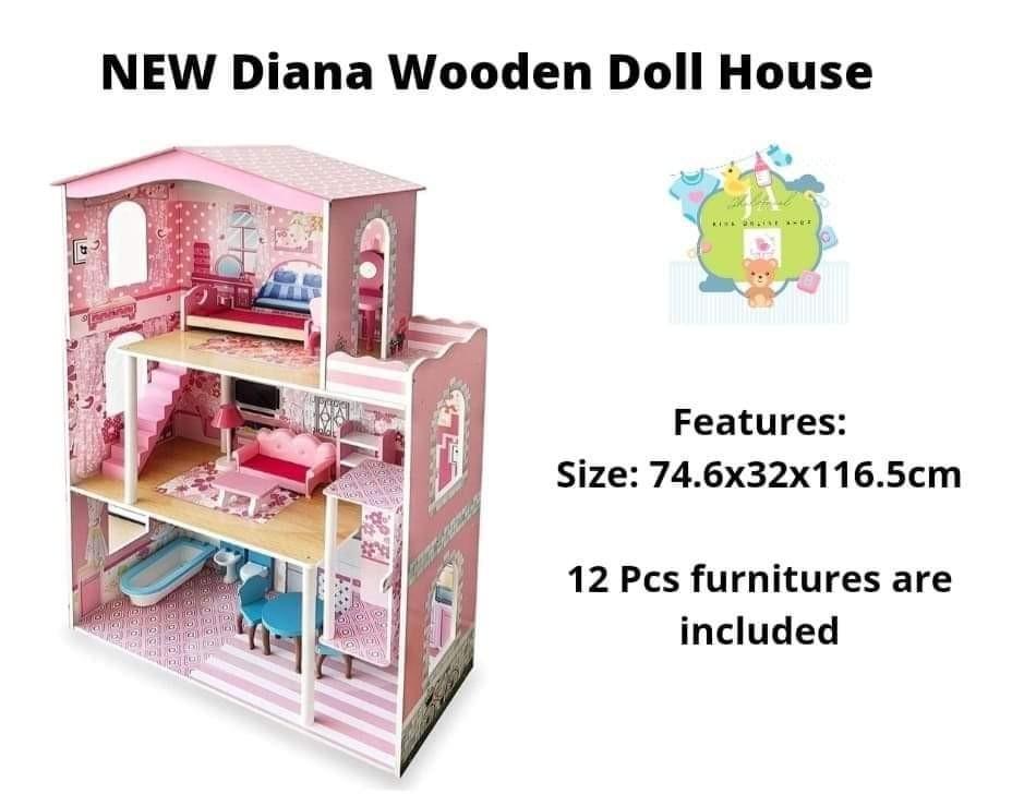 Diana Big Wooden Dollhouse for Girls with free doll and led light