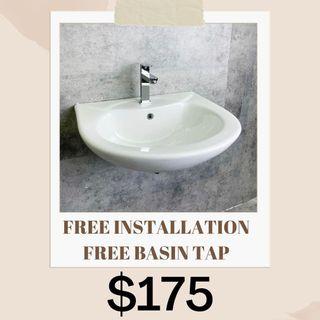 FREE INSTALLATION Wall Hung Wash Basin + Tap + Installation  + Bottle Trap + Pop up waste