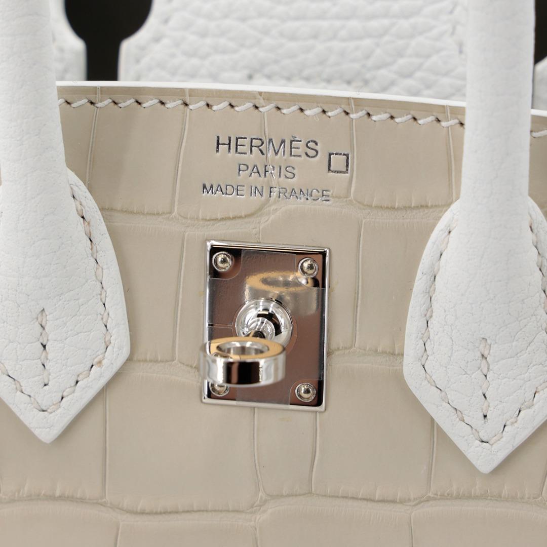 HERMÈS Limited Edition Birkin Faubourg 20 Snowy handbag in Beton Alligator,  White Clemence and Blue Brume Chevre leather with Palladium hardware-Ginza  Xiaoma – Authentic Hermès Boutique