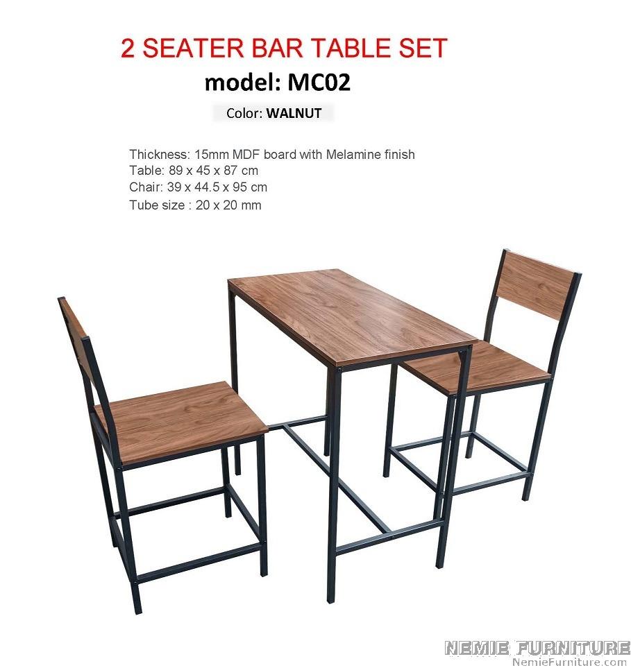 MC02 breakfast set / bar table with 2 chairs (Category: Tables & Sets) located in Quezon City. Submitted by nemiefurniture (Listing ID 1179122432, Image 1). Description: counter type table with 2 chairs table: 35"L x 17.72"W x 34.25"H 890L x 450W x 870H mm chair: 15.35"L x 17.52"W x 37.40"H 390L x 445W x 950H mm color: walnut with black frame https://nemiefurniture.com prices negotiable .