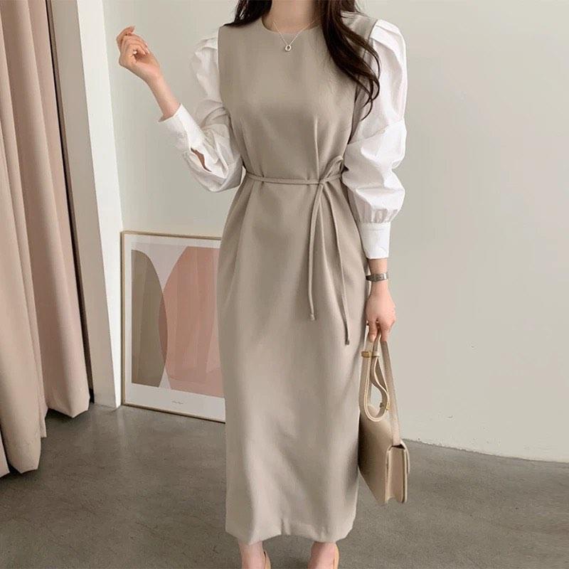 New Korean Elegant Chic Puff Long Sleeves Belted Maxi Dress