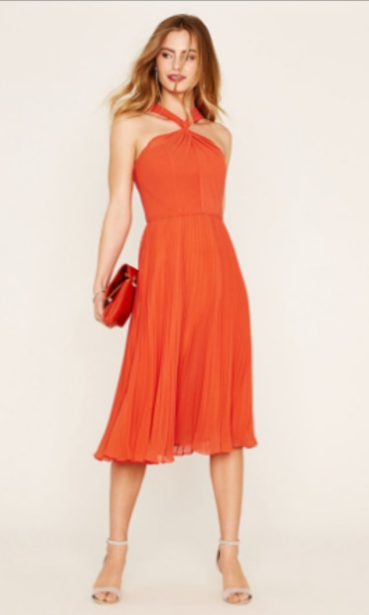 OASIS Twist Neck Pleated Midi Dress in Orange, Women's Fashion