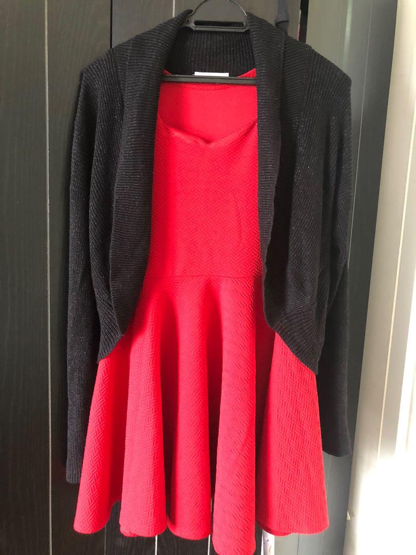 Red dress sales with black cardigan
