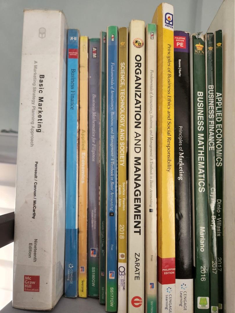 Senior High School SHS ABM Books (Category: Textbooks) located in Quezon City. Submitted by alervareyes (Listing ID 1179123368, Image 1). Description: 200 php each titles include: Basic Marketing Principles of Marmeging Business Finance Applied Economics Principles of Marketing Business Mathematics Organization and Management Fundamentals of Accounting message me for more photos and details.