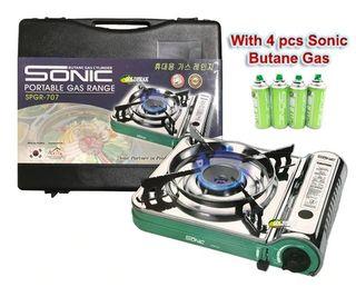 Sonic SPGR-707 Portable Stainless Gas Range With Carrying Case (Butane) With 4 Pcs Sonic Butane Gas