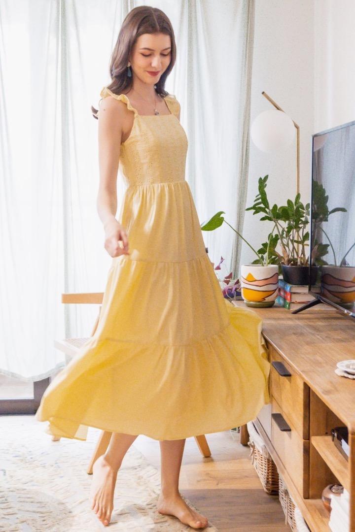 ACW Gingham Smock Tiered Maxi Dress In Apricot Eyelet Ruffle Tier