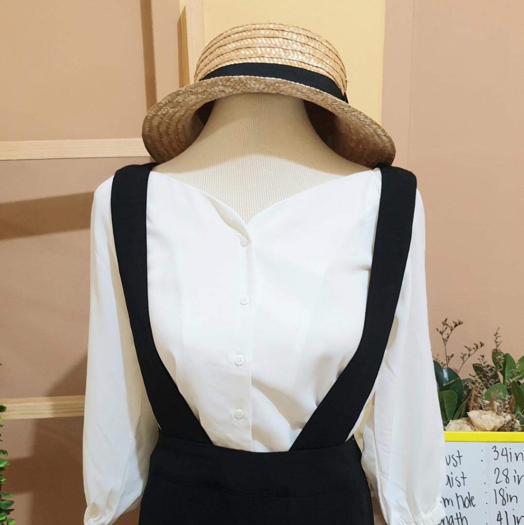 Anime style korean square pants jumper overalls white top set cosplay medium