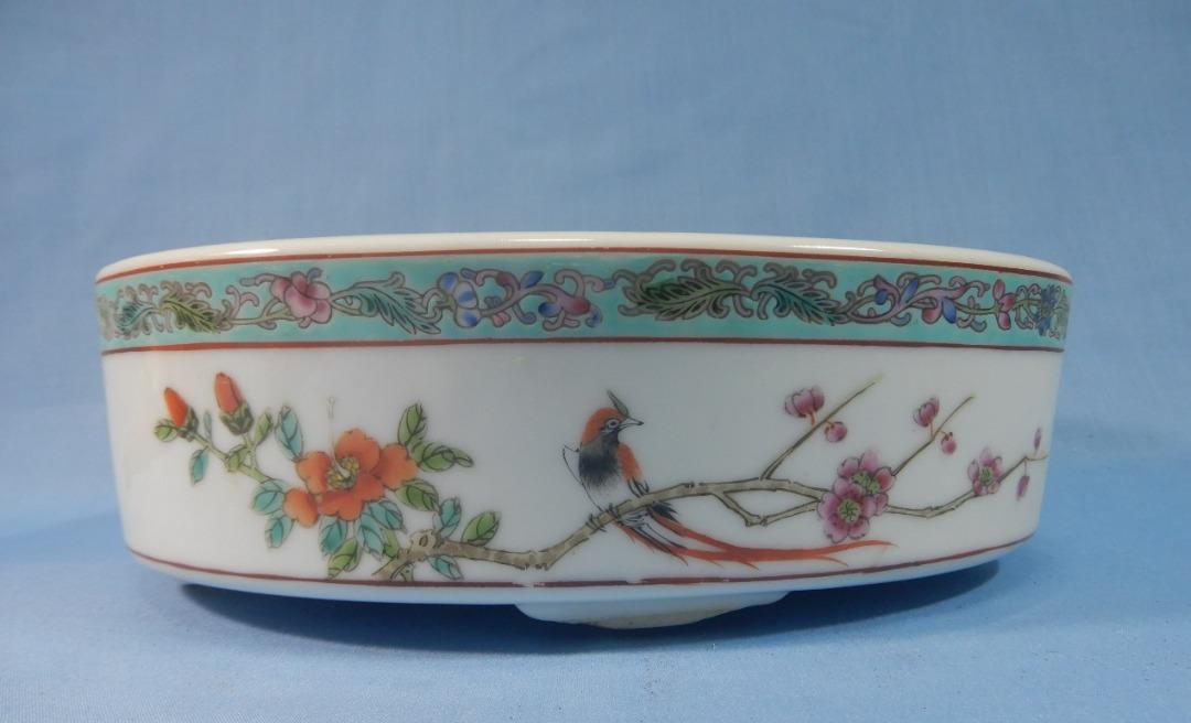 Vintage ceramic bonsai flower pot hand painted Cherry Blossoms calligraphy rr 