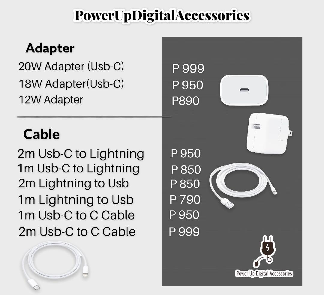 Authentic Original💯Type C Charger/ USB C to Lightning Cable/ USB C Cord 1m Cable/2m Cable (Category: Chargers & Cables) located in Quezon City. Submitted by camille96 (Listing ID 1179401856, Image 2). Description: Original Apple Guaranteed ☑️ PRICE LIST Adapter •20 watts adapter-999php •18 watts adapter- 950php •12 watts adapter- 850php Cable •Usb-C to Lightning(Type C Cable)- 850php •1m cable Lightning to Usb- 790php •2m cable Lightning to Usb-