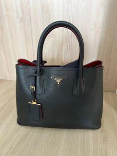 Prada Saffiano Cuir Medium Double Bag, Gray (Marmo)  Large leather  handbags, Bags, Red leather handbags