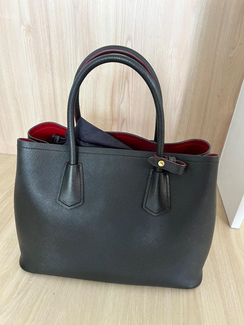 Prada, Bags, Prada Large Saffiano Leather Double Prada Bag Blackfiery Red