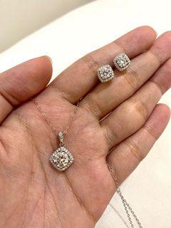 GRA Moissanite Set Necklace and Earrings Square Halo in white gold vermeil setting (Sterling Silver dipped in 18k white gold)