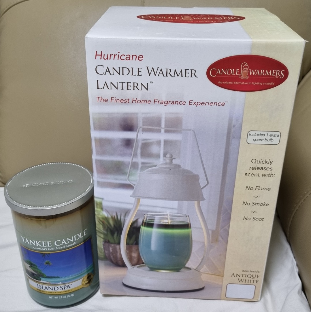 Hurricane Lantern Antique White Candle Warmer + Yankee Candle (Island Spa), Furniture & Home
