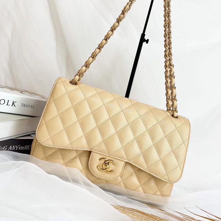 💯% Authentic Chanel Beige Caviar Jumbo Classic Double Flap Bag