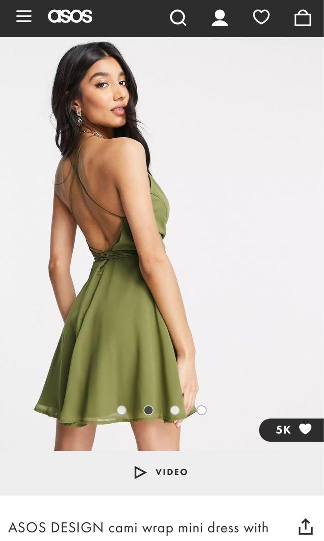 ASOS DESIGN cami wrap mini dress with lace up back in Khaki