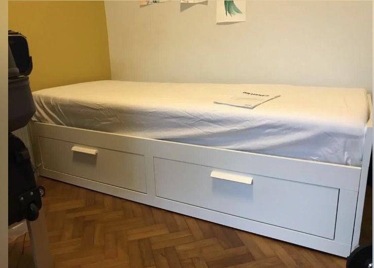 IKEA Brimnes storage bed frame and 2 mattress, Furniture & Home Living