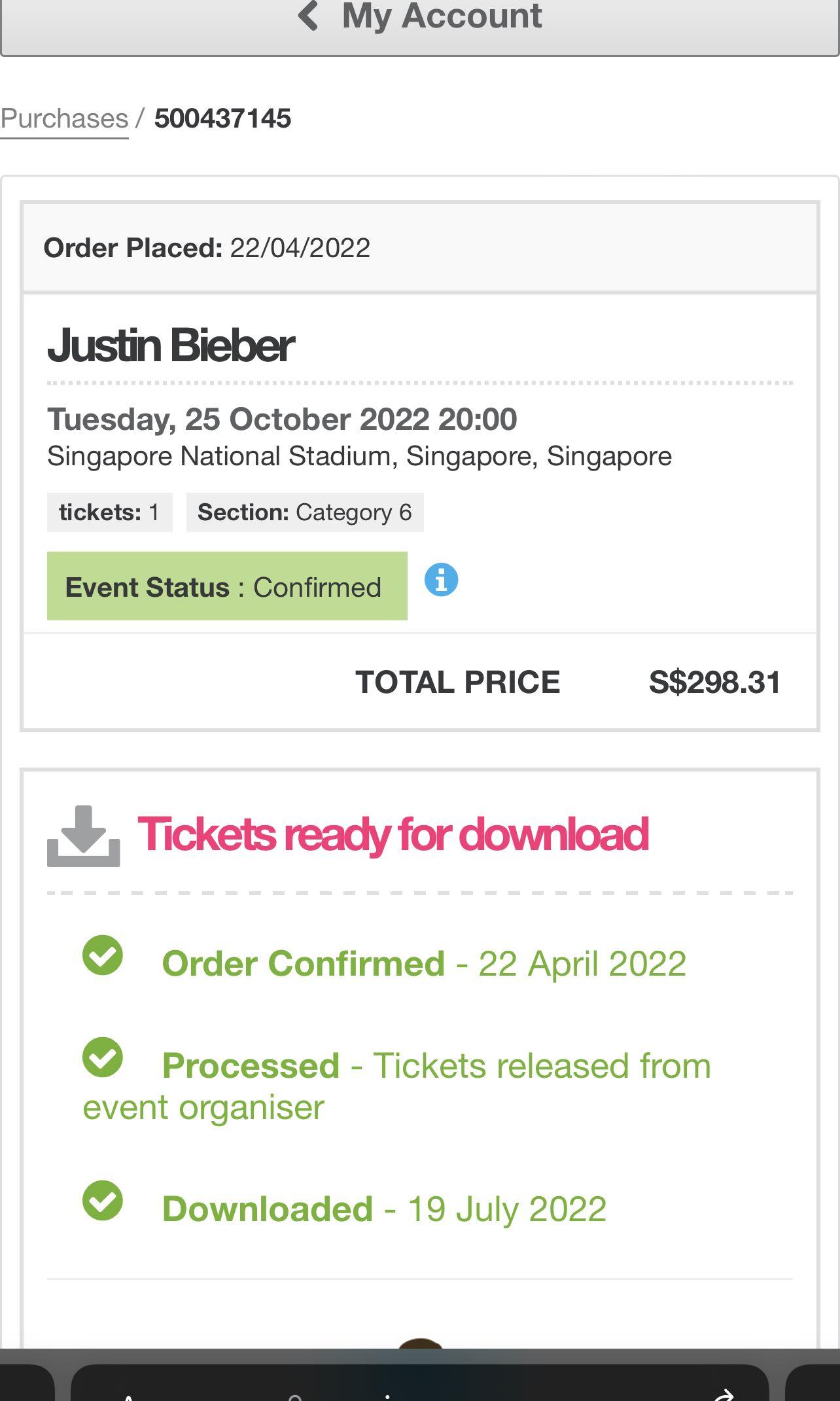 JUSTIN BIEBER TICKET 2022, Tickets & Vouchers, Event Tickets on Carousell