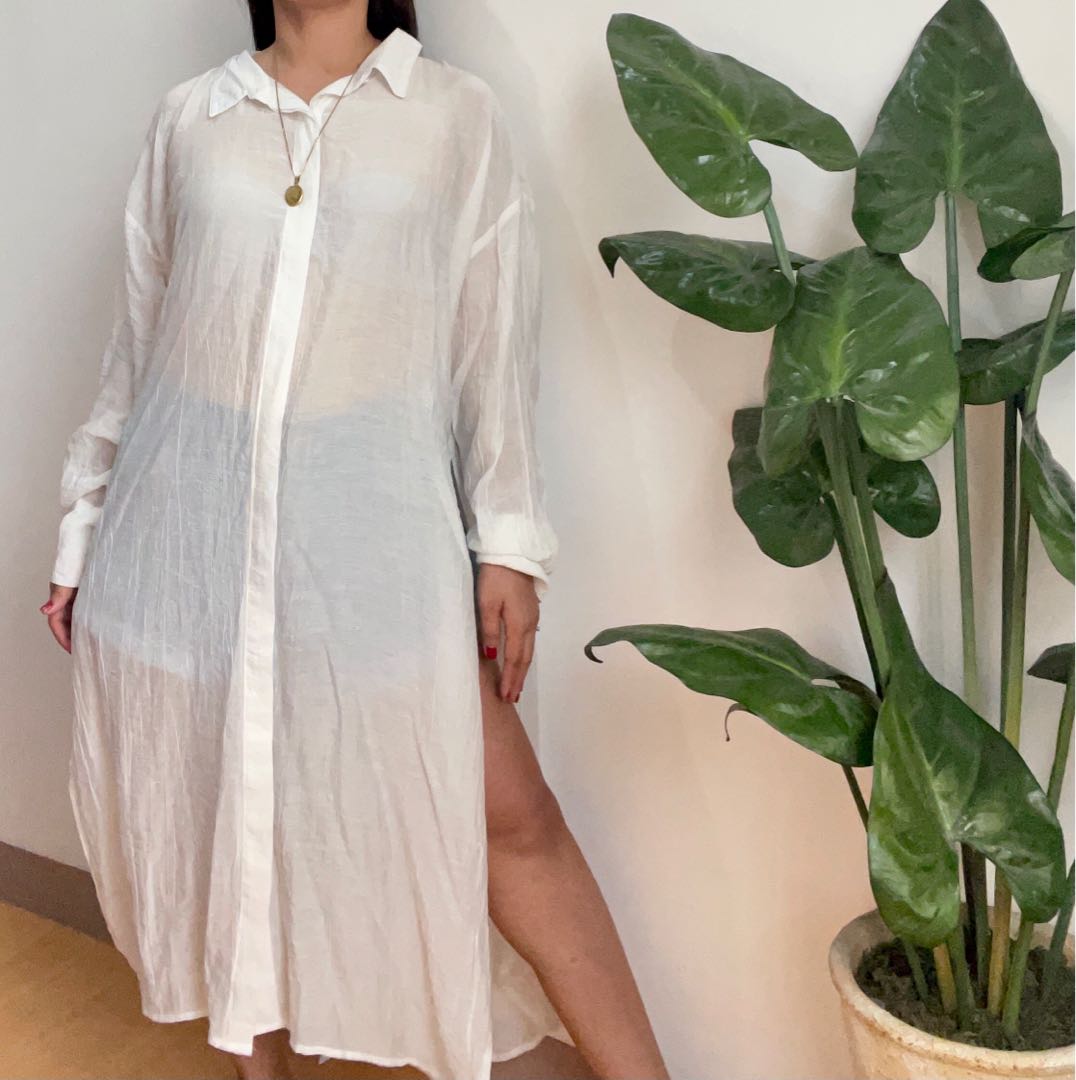 REEDIT white sheer shirt dress/cover up,m to l, Women's Fashion