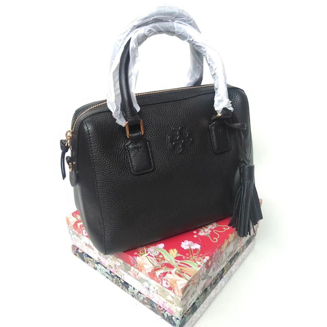 tas satchel Tory Burch Thea Web Small Satchel Black