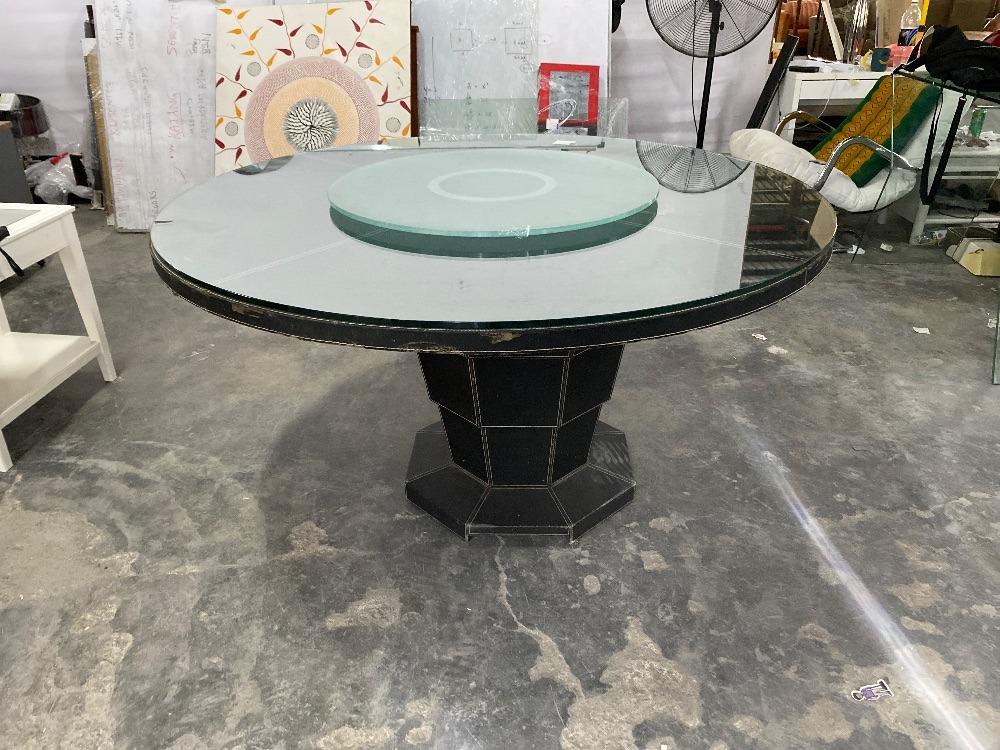 Wooden Leather Cover Glass Top Round Dining Table / Meja Makan Bulat ...