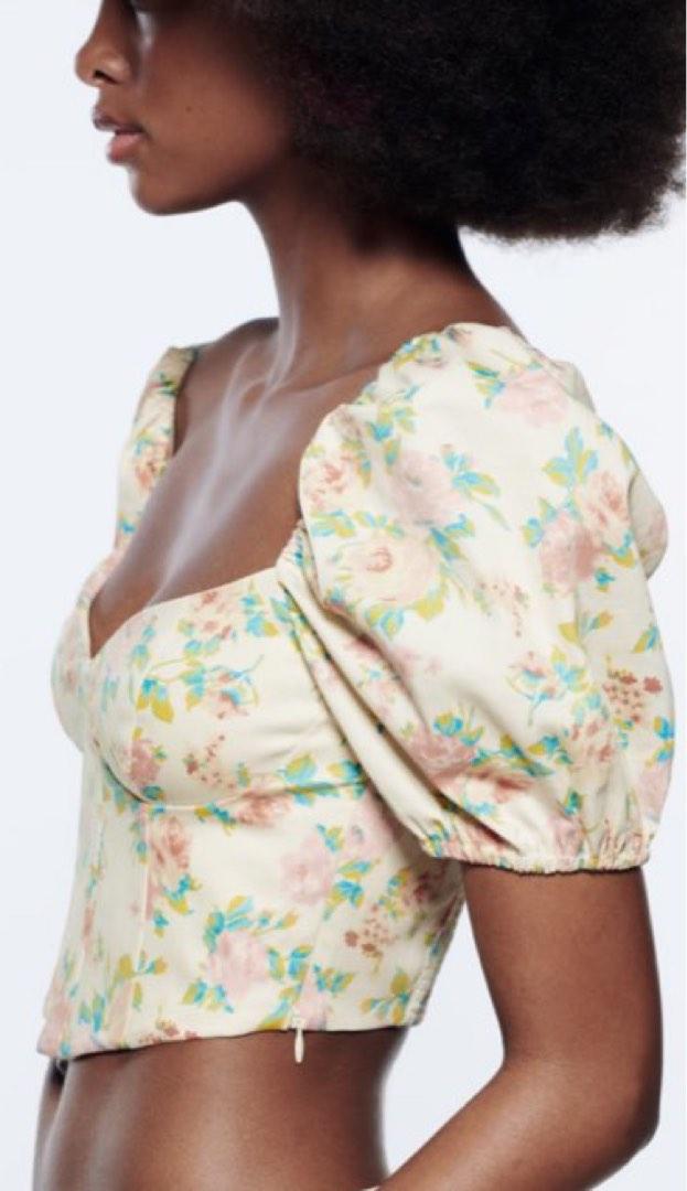 Zara floral corset cropped top puff sleeves, Women's Fashion, Tops