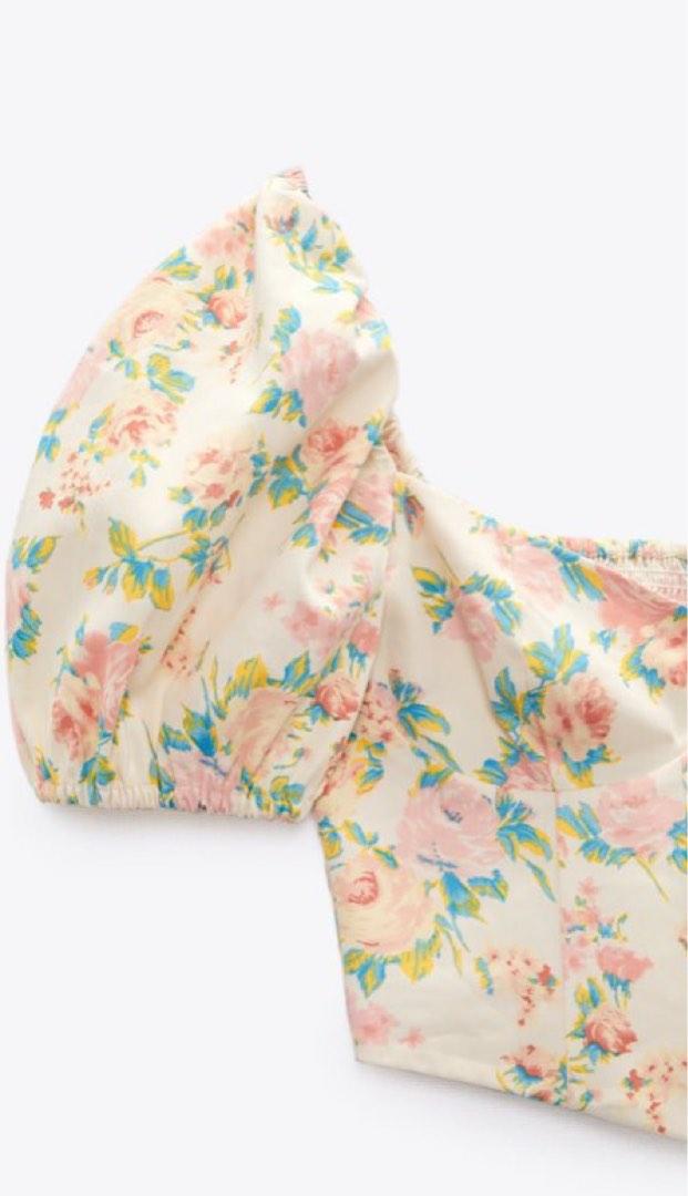 Zara floral corset cropped top puff sleeves, Women's Fashion, Tops