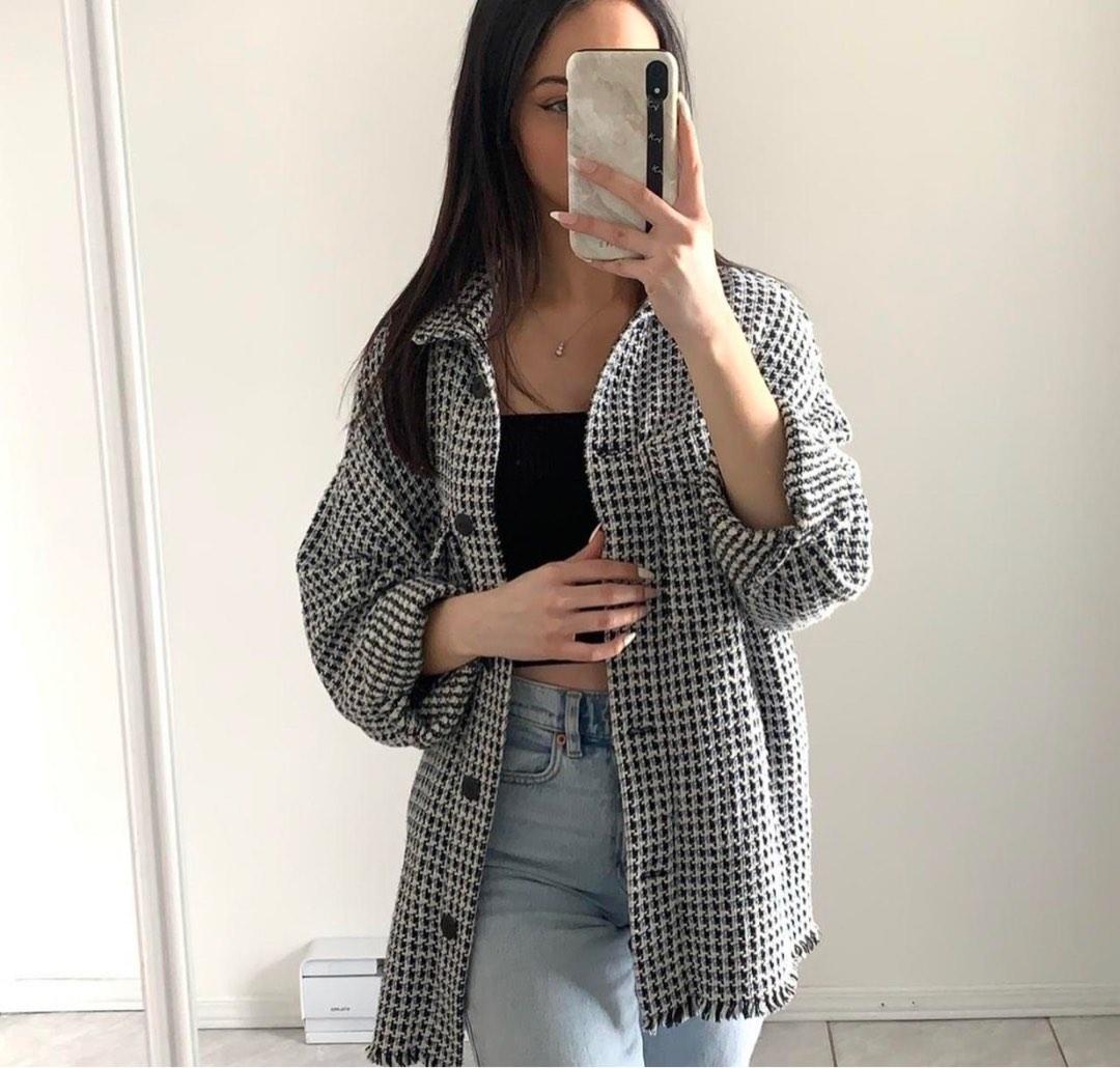 Zara tweed oversized houndstooth jacket, Fesyen Wanita, Pakaian
