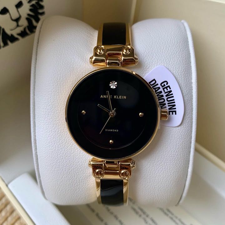 Anne Klein Genuine Diamond Dial Gold Black Enamel Bangle Watch